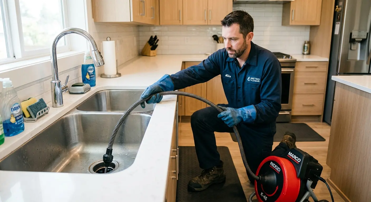 Drain cleaning technician using a motorized snake on a kitchen sink in Millersville
