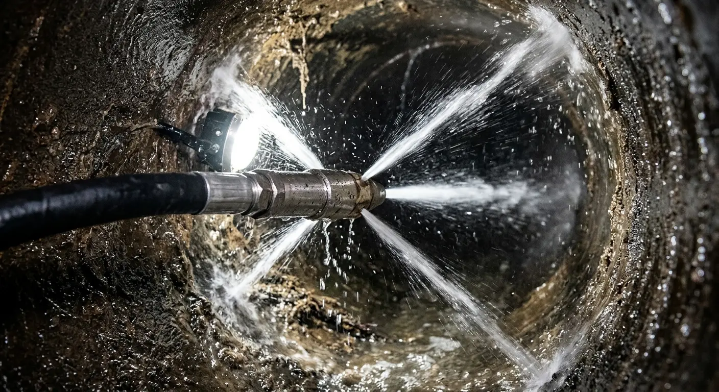 High-pressure hydro jetting nozzle cleaning sewer pipe for Trenchless Sewer Repair in Millersville