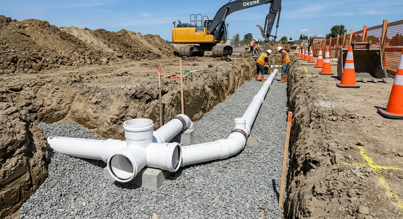 New PVC sewer pipe installation in open trench for Commercial Drain Cleaning in Millersville